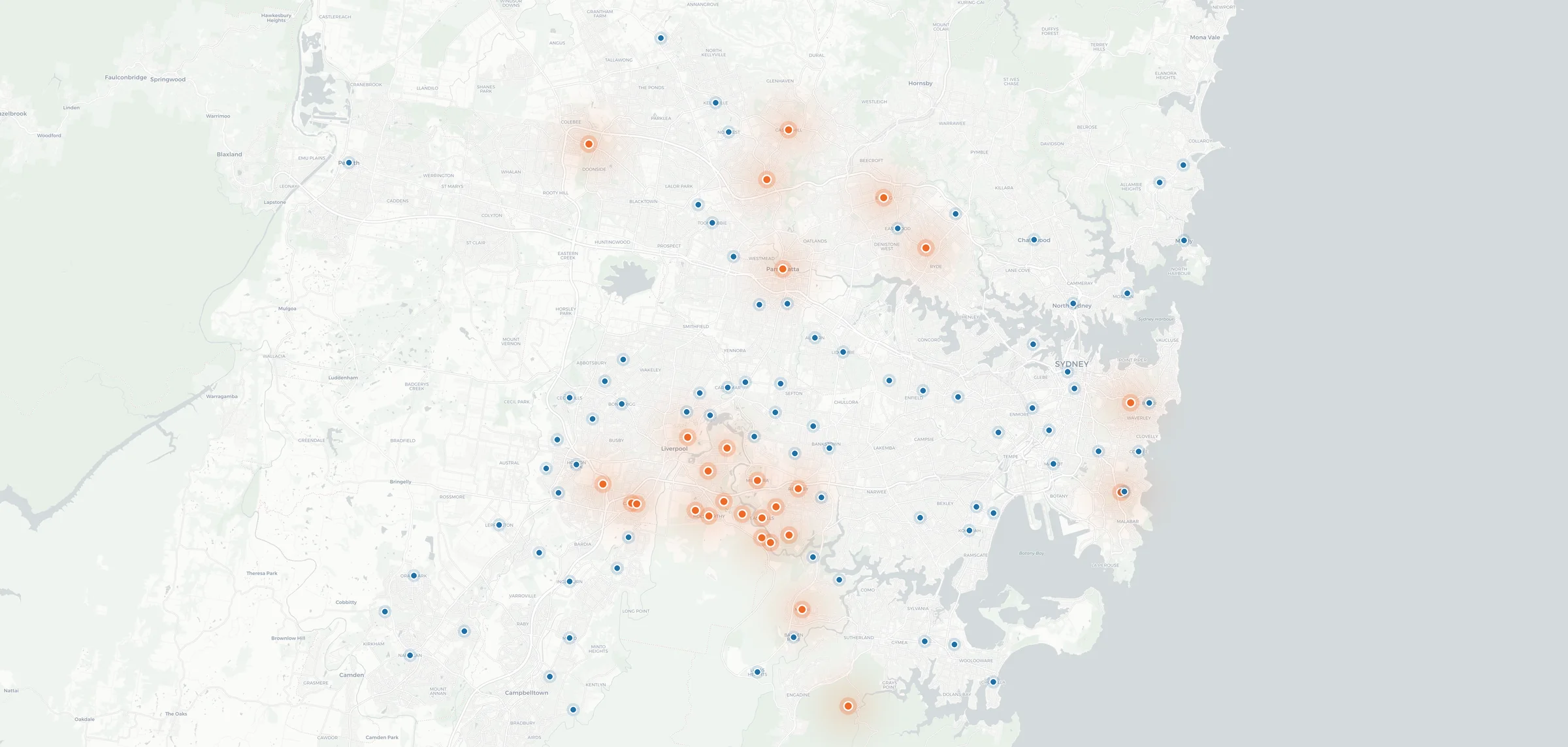 Map of Greater Sydney showing the 105 suburbs Sydney Heating & Cooling services, with the heaviest concentration across the south-west